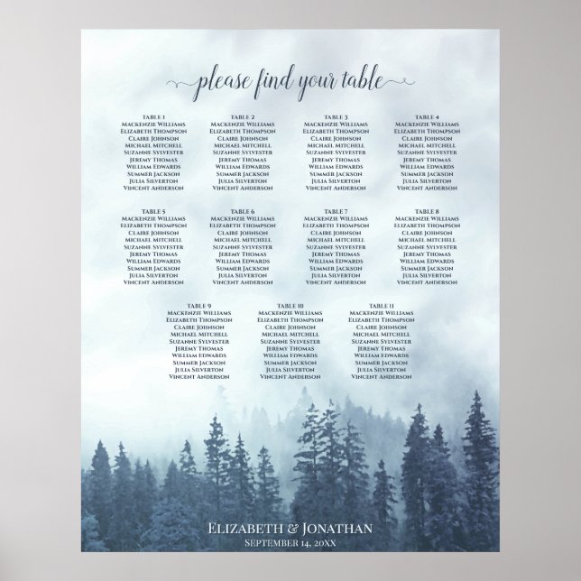 Rustic Blue Pine Trees 11 Table Seating Chart (Front)