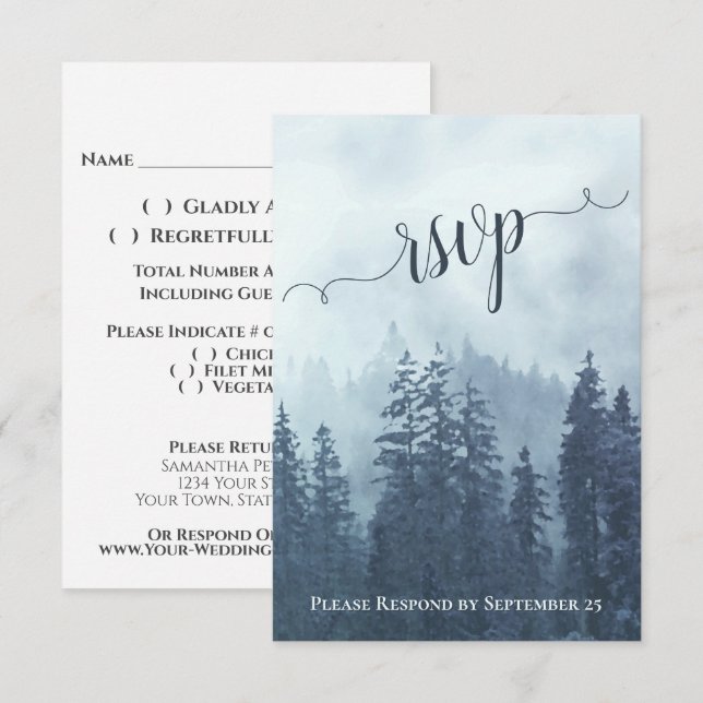 Rustic Blue Pine Trees Mountain Woodland Wedding RSVP Card (Front/Back)