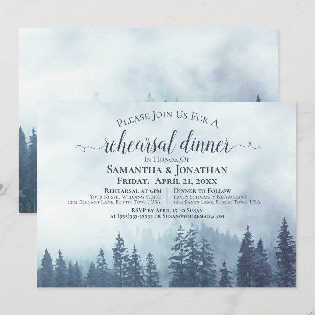 Rustic Blue Pine Trees Wedding Rehearsal & Dinner  Invitation (Front/Back)