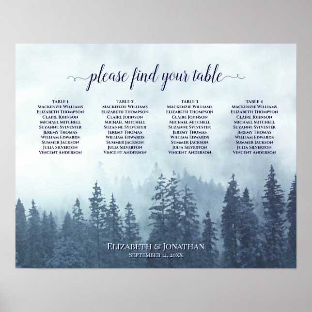 Rustic Blue Pines 4 Table Wedding Seating Chart (Front)