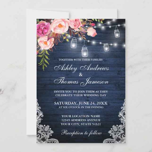 Rustic Blue Pink Floral Lace Lights Wood Wedding Invitation (Front)