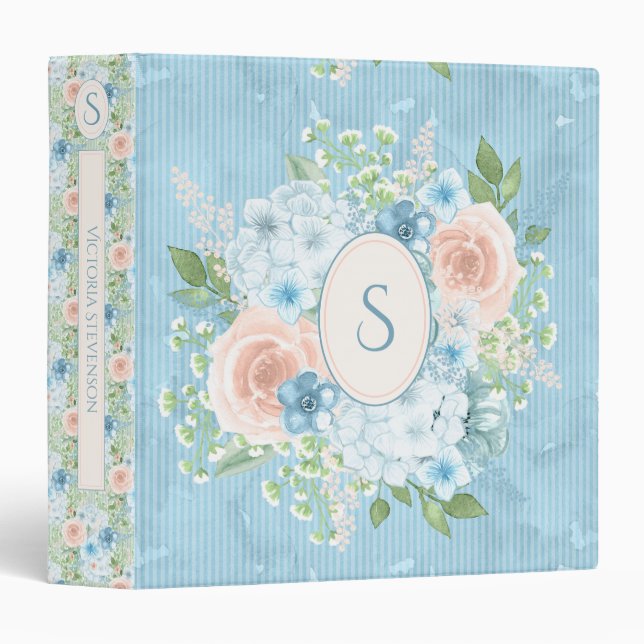 Rustic Blue Pink Monogram Floral Shabby Chic Binder (Front/Spine)