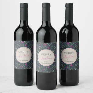 Rustic Blue Pink Tone Botanical Greenery Christmas Wine Label