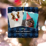 Rustic blue plaid flannel mistletoe snow 2 photos ceramic ornament<br><div class="desc">Rustic Christmas country 2 pets photos with traditional navy blue and black plaid flannel pattern and snow with a mistletoe. all the colours are editable</div>