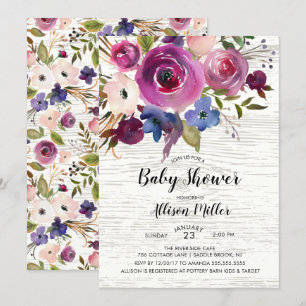 Rustic Blue Plum Floral Baby Shower Invitation