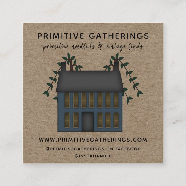RUSTIC BLUE PRIMITIVE SALTBOX HOUSE  COUNTRY KRAFT SQUARE BUSINESS CARD (Front)