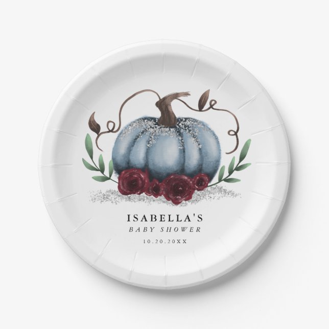 Rustic Blue Pumpkin Baby Shower Paper Plate (Front)