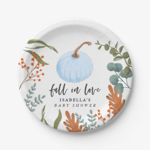 Rustic Blue Pumpkin Fall in Love Baby Shower Paper Plate