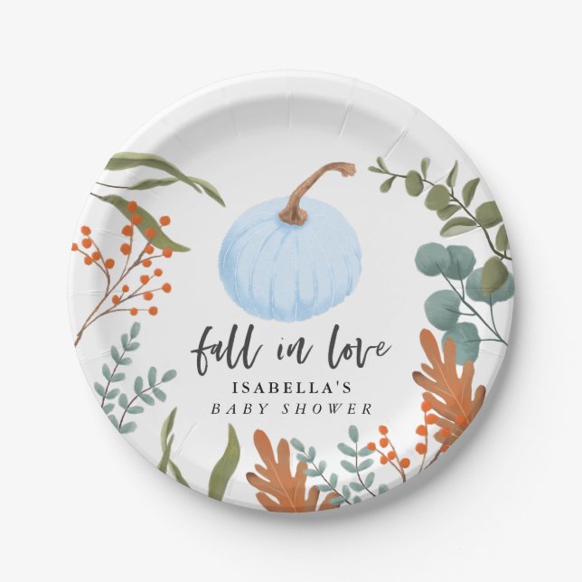 Rustic Blue Pumpkin Fall in Love Baby Shower Paper Plate (Front)