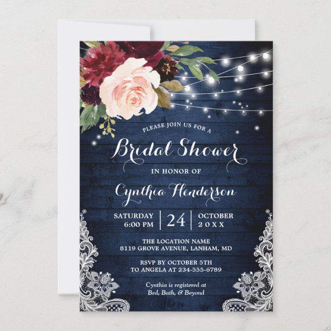 Rustic Blue Red Floral Lights Lace Bridal Shower Invitation (Front)