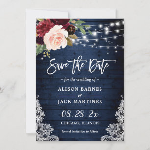 Rustic Blue Red Floral String Lights Wedding Save The Date