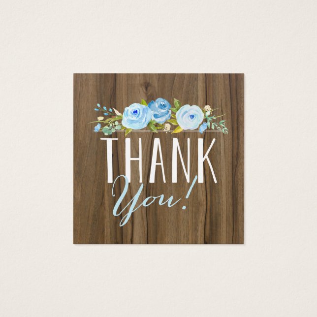 Rustic Blue Rose Wood Thank You Mini Square Favour (Front)