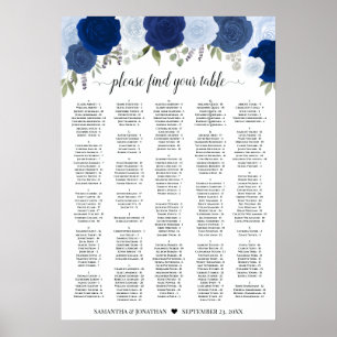 Rustic Blue Roses Wedding Seating Chart A1 Size