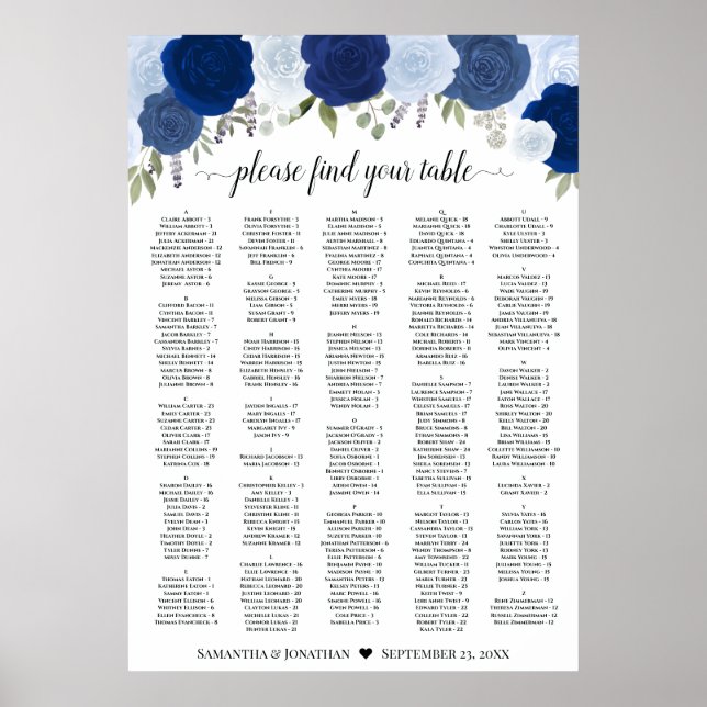 Rustic Blue Roses Wedding Seating Chart A1 Size (Front)