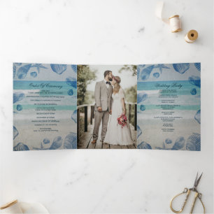 Rustic Blue Seashells Beach Wedding Photo Tri-Fold Programme