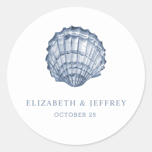 Rustic Blue Seashells Marine Ocean Beach Wedding  Classic Round Sticker (Front)