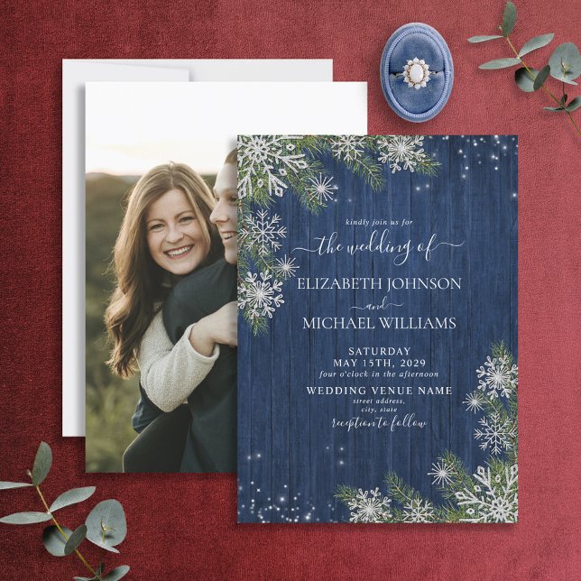 Rustic Blue Silver Winter Wood Photo Wedding Invitation (Creator Uploaded)