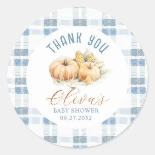 Rustic Blue Stripes Pumpkin Baby Shower Thank You Classic Round Sticker