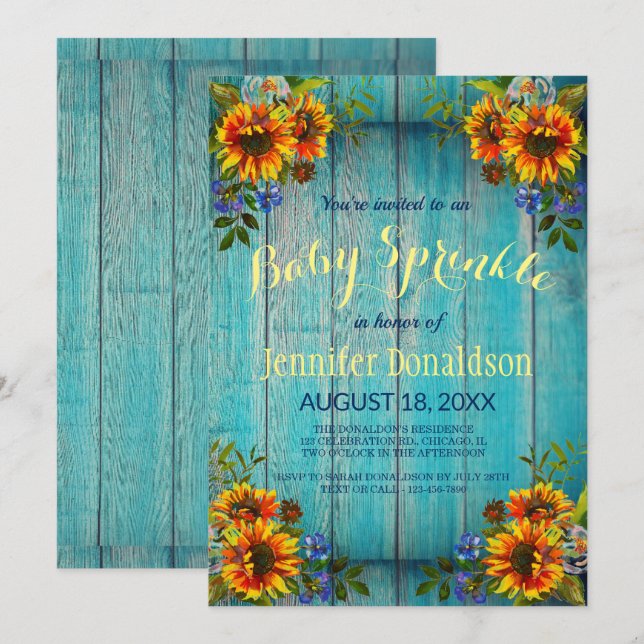 Rustic Blue Sunflower Baby Sprinkle Invitation (Front/Back)