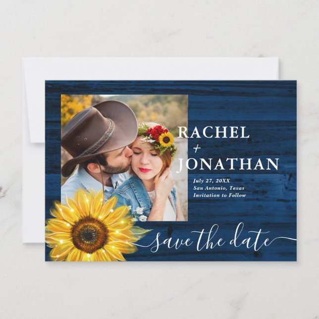 Rustic Blue Sunflower Photo Wedding Save The Date (Front)