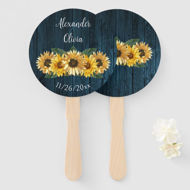 Rustic Blue Sunflower Wedding Favour Hand Fan (Front and Back)
