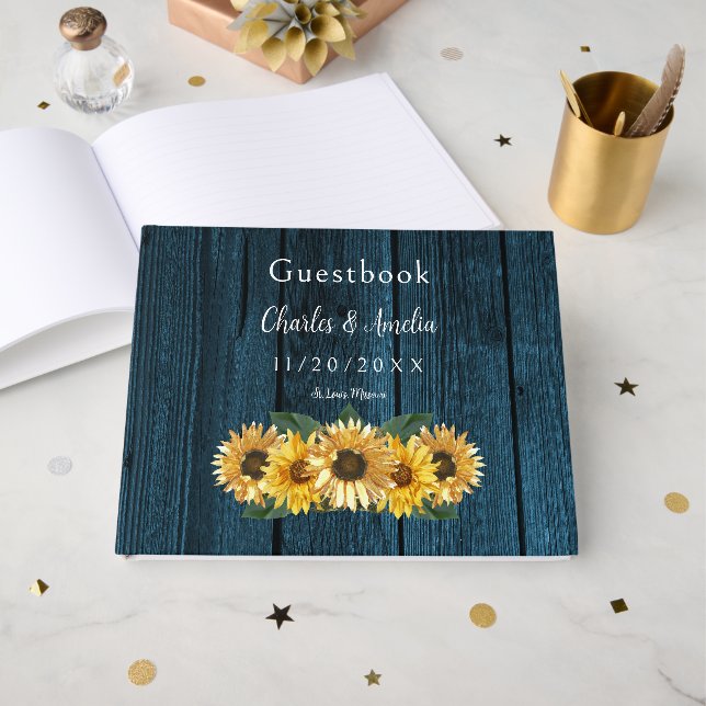 Rustic Blue Sunflower Wedding Guest Book (Front Open)