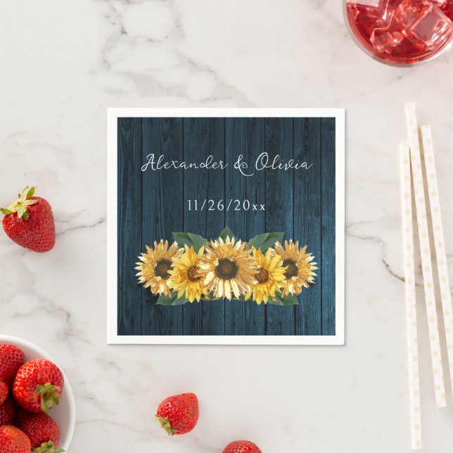 Rustic Blue Sunflower Wedding Napkins (Insitu)