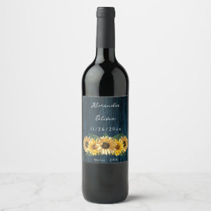 Rustic Blue Sunflower Wedding Wine Label
