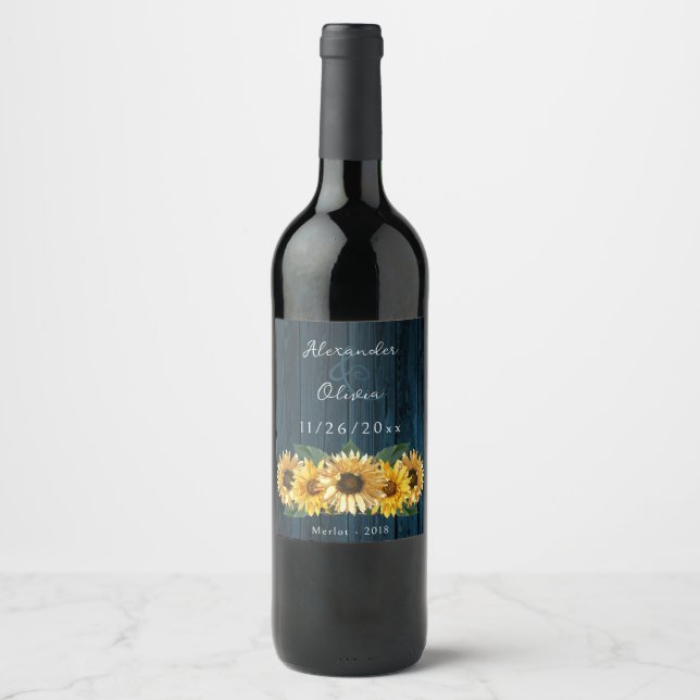 Rustic Blue Sunflower Wedding Wine Label (Front)