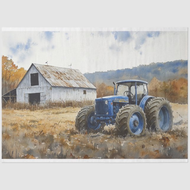 Rustic Blue Tractor White Barn Watercolor Tissue Paper (Front)