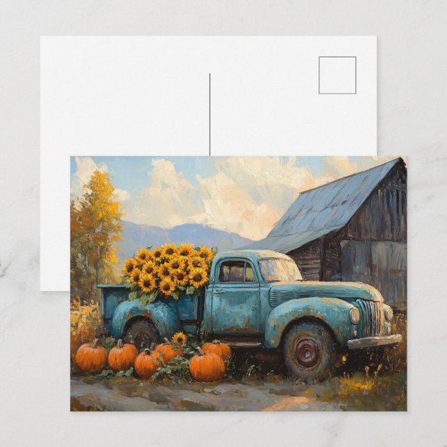 Rustic Blue Truck with Pumpkins and Sunflowers Postcard (Front/Back)