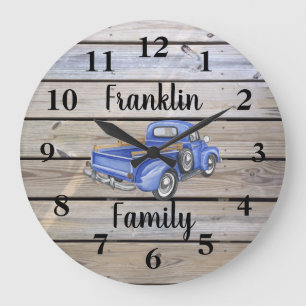 Rustic Blue Truck Wood Family Name Large Clock
