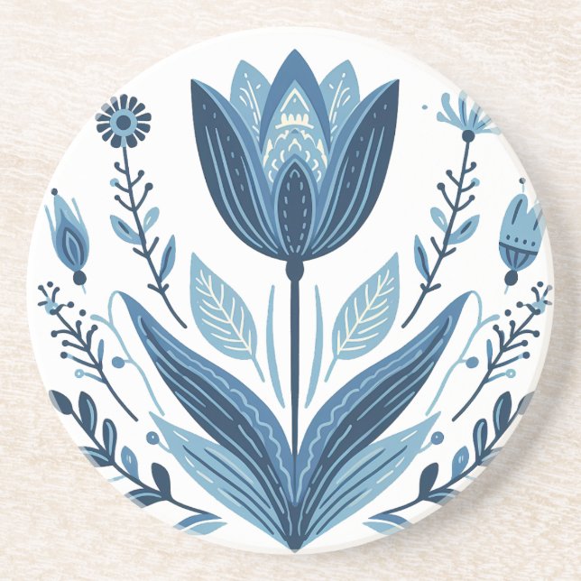 Rustic Blue Tulip Flower Folk Art Botanical Design Coaster (Front)