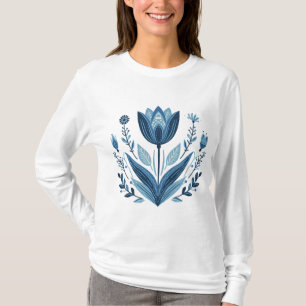 Rustic Blue Tulip Flower Folk Art Botanical Design T-Shirt