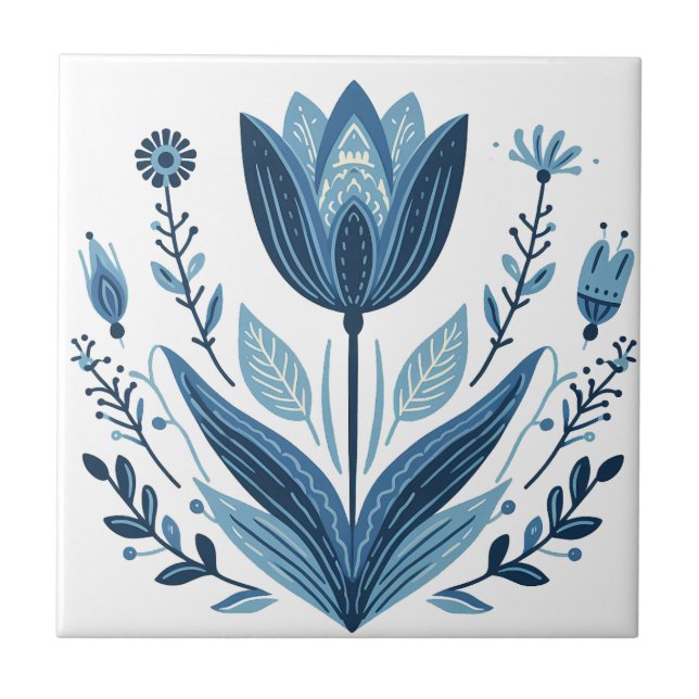 Rustic Blue Tulip Flower Folk Art Botanical Design Tile (Front)