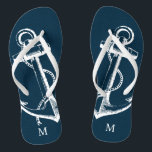 Rustic Blue Vintage Anchor Monogram Flip Flops<br><div class="desc">Custom printed flip flop sandals with a rustic nautical vintage anchor illustration and your custom monogram or other text. Click Customize It to change text fonts and colours or add your own images to create a unique one of a kind design!</div>
