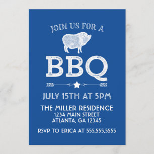 Rustic Blue Vintage BBQ Party Invitation