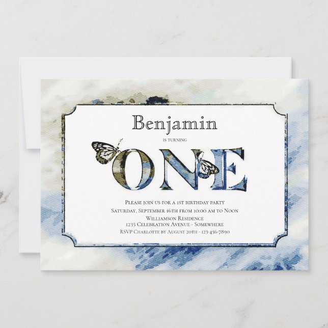 Rustic Blue Watercolor 1st Birthday Party Invitation (Front)