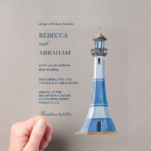 Rustic Blue Watercolor Lighthouse Nautical Wedding Acrylic Invitations