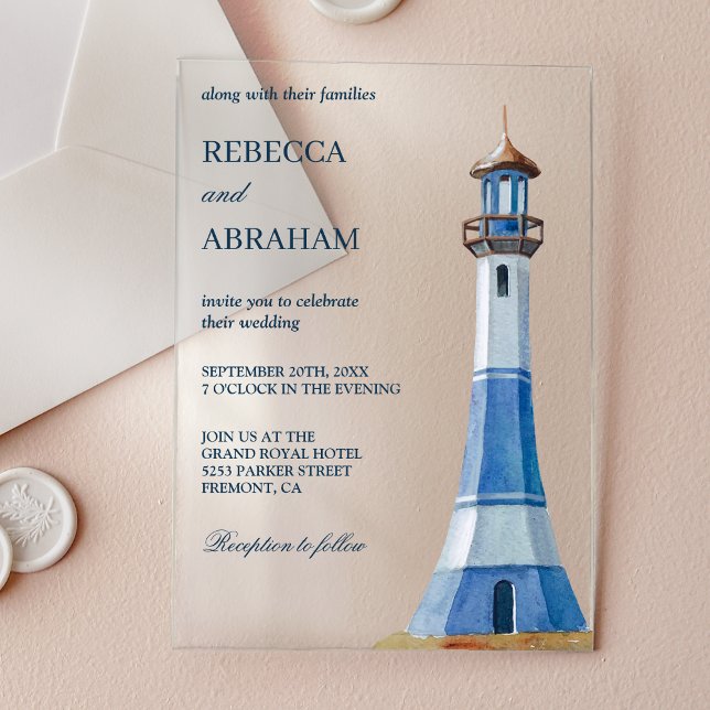 Rustic Blue Watercolor Lighthouse Nautical Wedding Acrylic Invitations (Creator Uploaded)