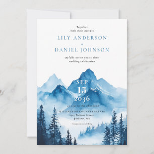Rustic Blue Watercolor Mountain QR Code Wedding Invitation