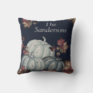 Rustic Blue Watercolor Pumpkin Fall Leaves Navy Throw Pillow