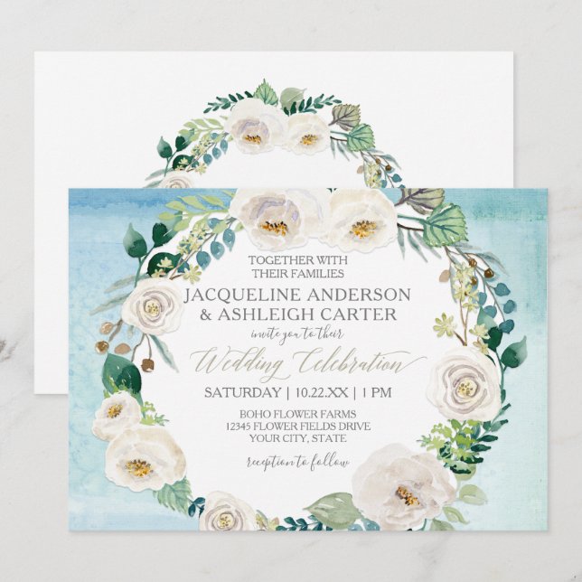 Rustic Blue White Alabaster Rose Eucalyptus Wreath Invitation (Front/Back)