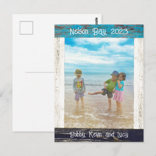 Rustic Blue White Beach Wood Photo Frame Postcard