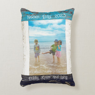 Rustic Blue White Beach Wood Text Photo Frame Accent Pillow