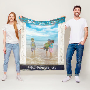 Rustic Blue White Beach Wood Text Photo Frame Fleece Blanket