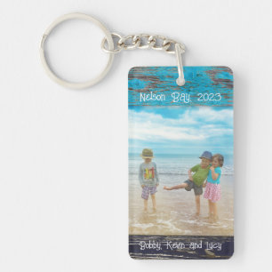 Rustic Blue White Beach Wood Text Photo Frame Keychain