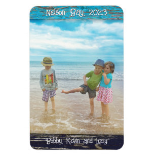 Rustic Blue White Beach Wood Text Photo Frame Magnet