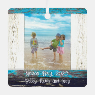 Rustic Blue White Beach Wood Text Photo Frame Metal Ornament
