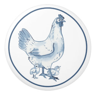 Rustic Blue & White Chicken Hen Chicks Country Ceramic Knob